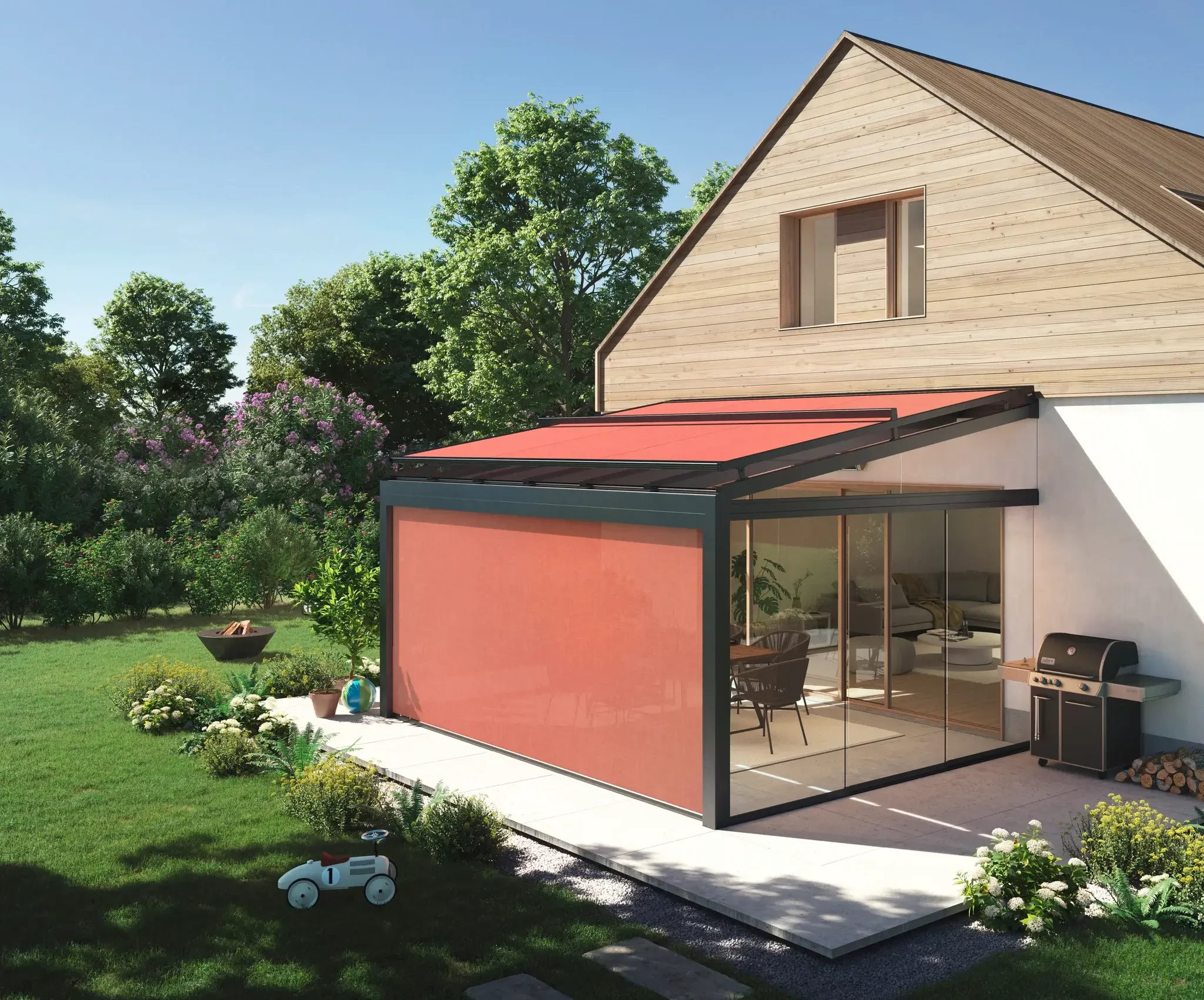 Moderne Terrassenmarkise als Sonnenschutz für Terrasse und Wintergarten.