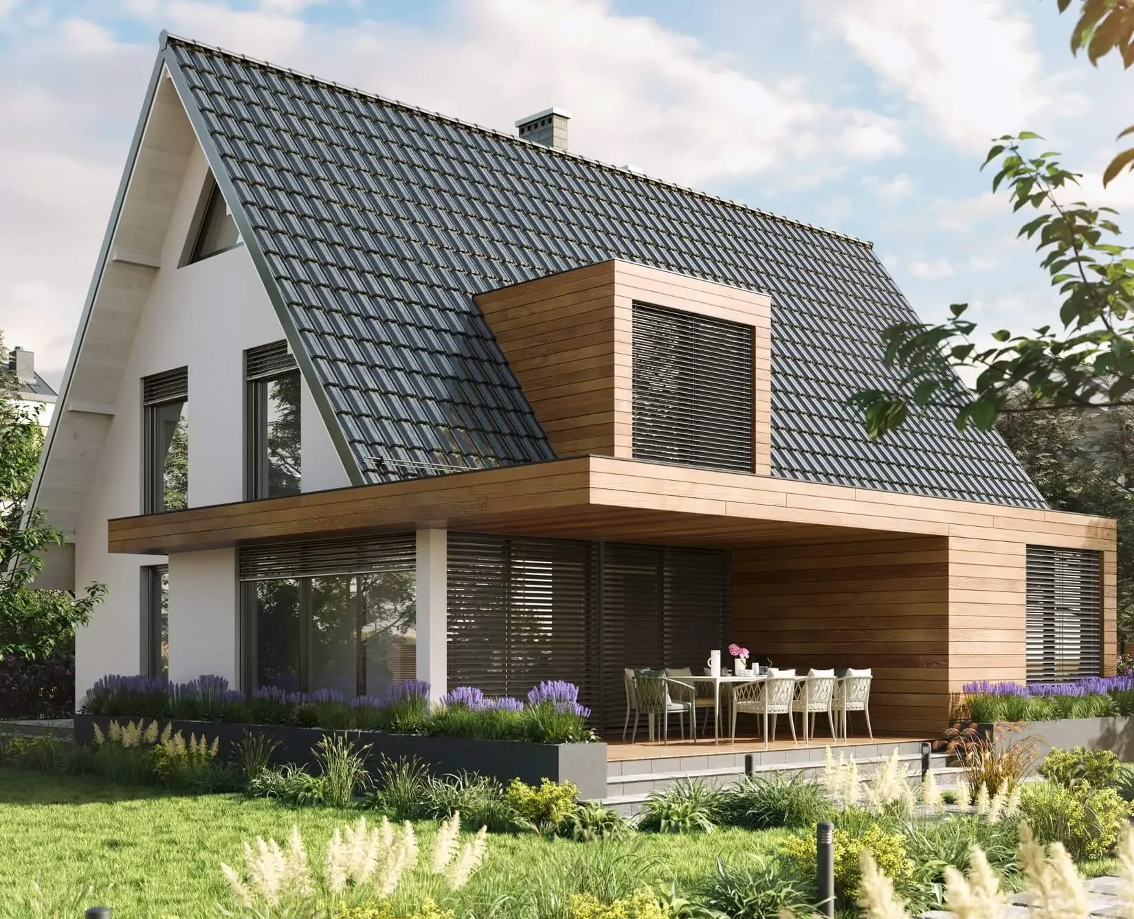 Pergolamarkise an modernem Einfamilienhaus für zuverlässigen Sonnen- und Wetterschutz.