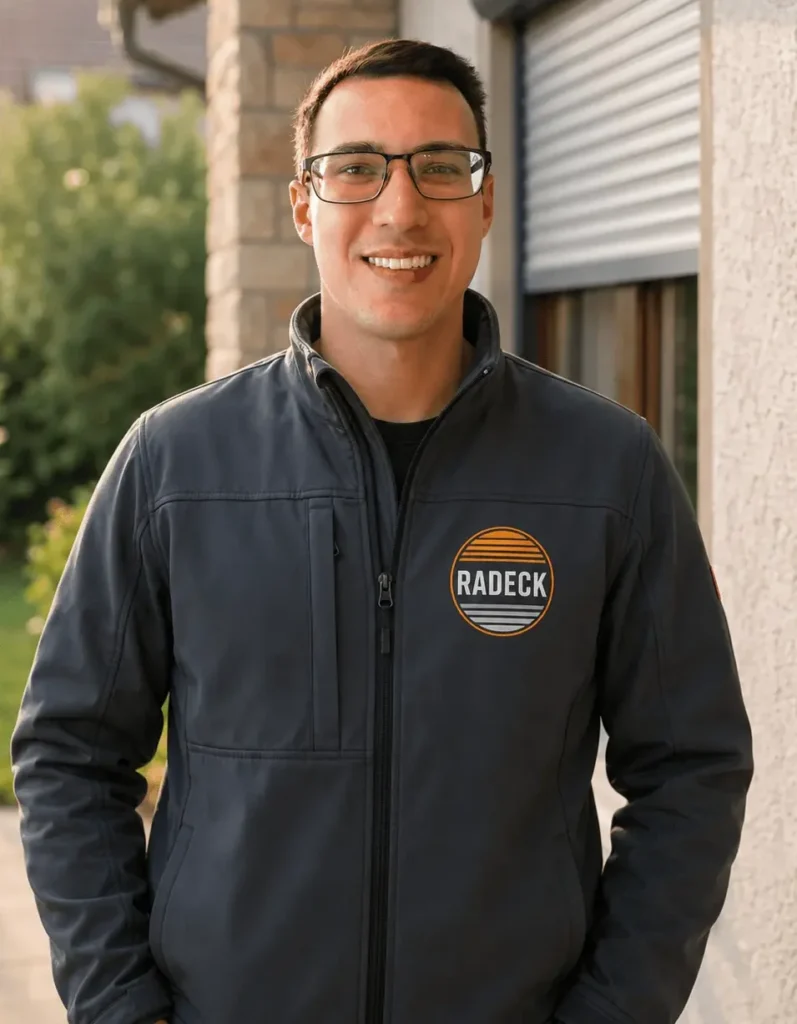 Kevin Kahl absolvierte seine Ausbildung zum Rollladen- und Sonnenschutzmechatroniker von 2021 bis 2024 und verstärkt seit seinem erfolgreichen Abschluss als Geselle das Team von Radeck Sonnenschutz. Mit Engagement, Sorgfalt und handwerklichem Geschick trägt er täglich dazu bei, Projekte fachgerecht und zuverlässig umzusetzen.